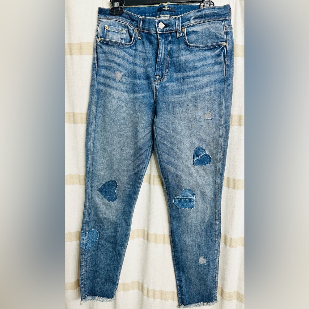 7 For All Mankind Y2K Distressed Ankle Frayed Coquette Embroidered Hearts Sz 30